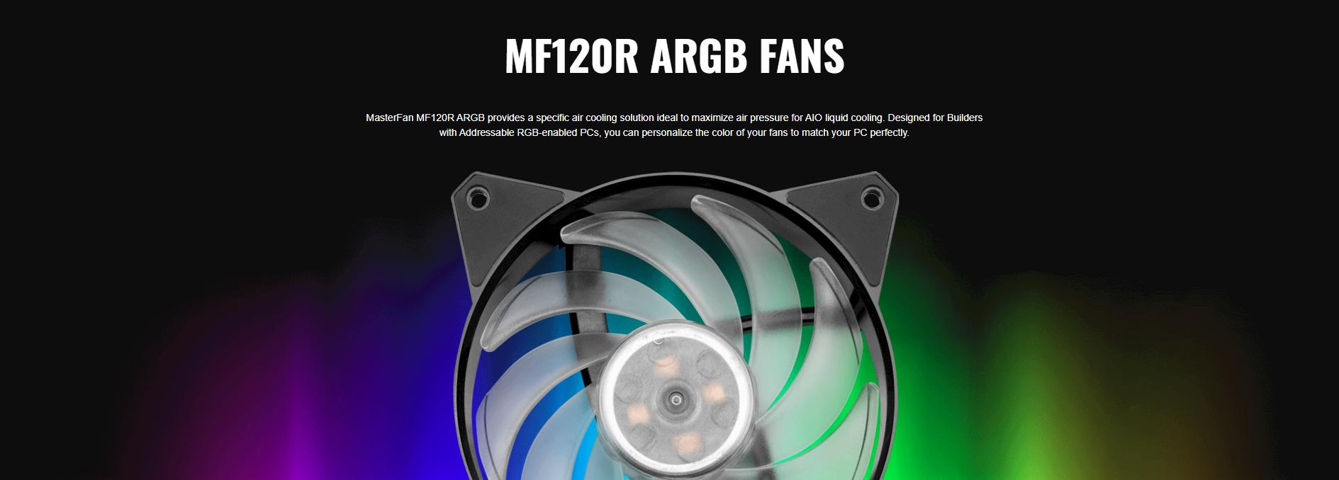 Tản nhiệt nước CPU Cooler Master MasterLiquid ML240R RGB với MasterFan MF120R ARGB cung cấp lượng gió lớn, được tối ưu cho sức ép gió dành riêng cho các loại tản nhiệt all in one